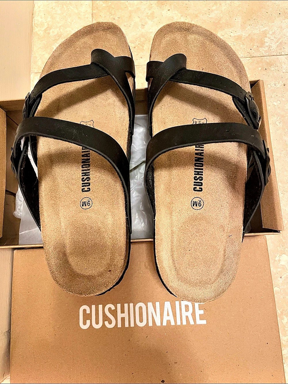 Cushionaire Luna Cork Footbed Sandals Black & Brown US 9M Like New